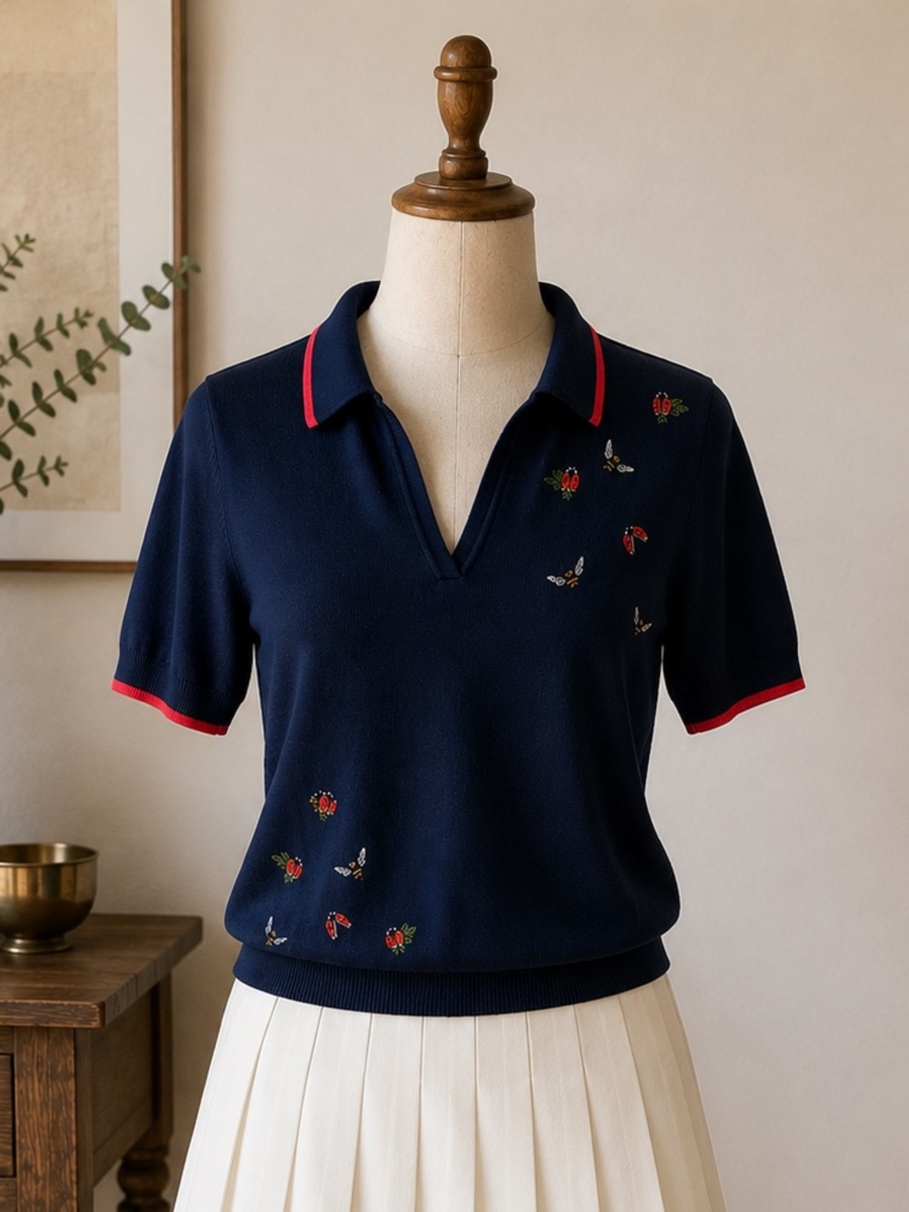89th + Madison Navy Embroidered Ladybug Bee Knit Polo Sweater Preppy Size Small